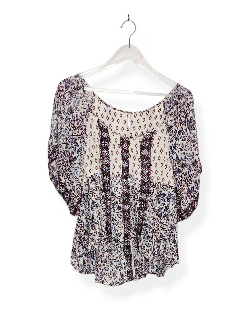 Free People Boho Floral White Maroon Blue Printed Short Sleeve Top Size Medium